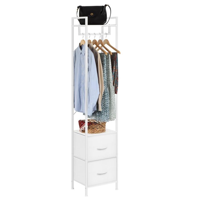 Окремостояча, міцна металева вішалка для одягу з 2 полицями для взуття, мінімалістичний дизайн, компактна підставка для одягу для спальні/дому - біла