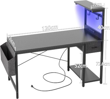 Письмовий стіл 120x50 см з розетками, складний ігровий комп&39ютерний стіл з шухлядою, бічною кишенею та сумкою, великий простір для зберігання, робоча станція з 2 гачками для домашнього офісу 120 x 50 см чорний карбон