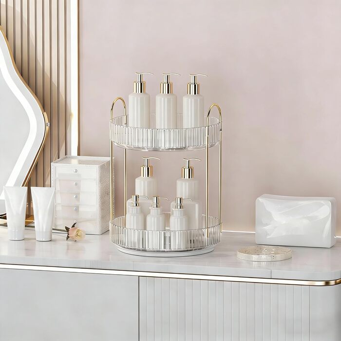 Органайзер для макіяжу, обертовий на 360 косметичний органайзер великої місткості, багатофункціональний косметичний органайзер для комода, туалетного столика, спальні, ванної кімнати, 2 шари, прозорий