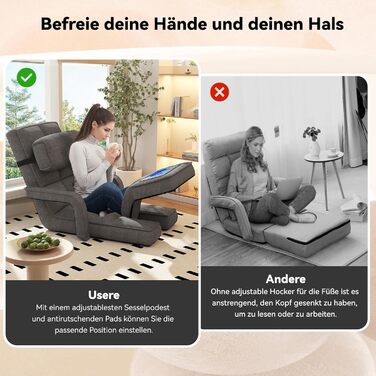 Регульоване підлогове крісло UNIONLINE, складне, з підлокітниками, ігрове крісло з подушкою та підставкою для ніг, одне крісло, ліжко для спальні, дому, офісу, темно-сіре