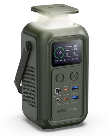 Портативна електростанція AsperX 192 Вт/140 Вт - мобільний сонячний генератор для кемпінгу з аварійною лампою, акумулятор LiFePO4 ємністю 60 000 мАг, портативний зовнішній акумулятор E для подорожей - темно-зелений