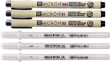 БІЛИЙ, 3 ручки Яскрава Біла в чохлі, MIX-Size 05/08/10, 3 fineliners Sakura Gelly Roll