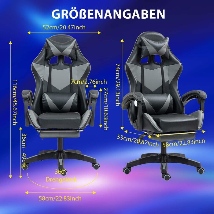 Ігрове крісло з підставкою для ніг, ігрове крісло для дорослих, комп&39ютерне крісло з поперековою опорою, підголівником, офісне крісло з регульованою висотою, чорнийсірий з підставкою для ніг чорнийсірий