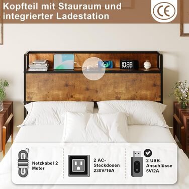 Ліжко з механізмом зберігання та підйому, ліжко-платформа з дерев&39яним узголів&39ям, відділеннями для зберігання та зарядною станцією, без матраца (коричневе, 140x200 см) Коричневий 140x200 см
