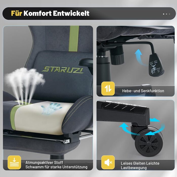 Ергономічне ігрове крісло з регульованими підлокітниками 6D - штучна шкіра, ігрове крісло для ПК з підставкою для ніг, дихаюче ігрове крісло з кутом нахилу 90-155, сіро-зелена штучна замша - зелені нейлонові ніжки