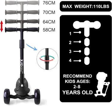 Дитячий самокат XJD для 2-8 років, дитячий самокат дитячий самокат з 3 світлодіодними колесами, 4 регульованими по висоті міськими