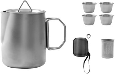 Набір для чаю з нержавіючої сталі 304, портативний для кемпінгу, подорожей на природі чайник з фільтром та 4 чашки, з герметичним носиком, компактний дизайн