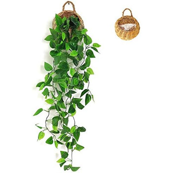 Штучні підвісні рослини з дерев'яним кошиком, 107 см в горщиках для офісу, кухні, саду, вечірки, декору стін (плющ) Ivy01 Wood кол
