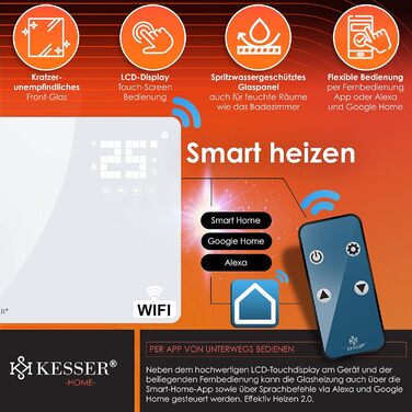 Скляний конвекторний обігрівач KESSER, електричний радіатор із застосунком, функцією Wi-Fi та пультом дистанційного керування Окремостоячий або настінний Сенсорний екран РК-дисплей Таймер 2500 Вт Білий