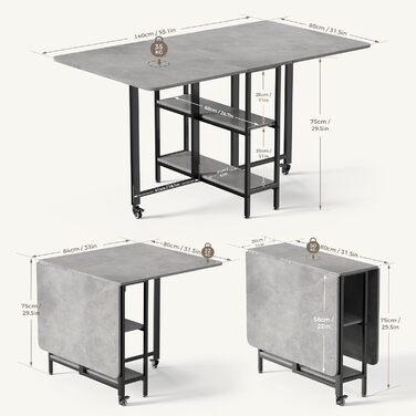 Мобільний розкладний обідній стіл Mondeer, розкладний стіл з 2 відкритими полицями для невеликих приміщень, їдальня, кухня, 140 x 80 x 75 см, сірий
