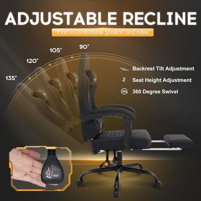 Ігрове крісло Vittanly з пружинною подушкою, ергономічне ігрове крісло з підголівником, поперековою подушкою та підставкою для ніг, регульоване по висоті поворотне ігрове крісло, офісне крісло 150 кг, чорне