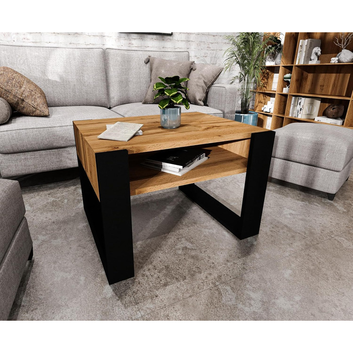 Журнальний столик 6553,6 см Стіл для вітальні з інженерної деревини, Міцний та сучасний журнальний столик з додатковим місцем для зберігання Журнальний столик, дуб Вотан/чорний, прямокутний 6553,6 см Дуб Вотан / чорний