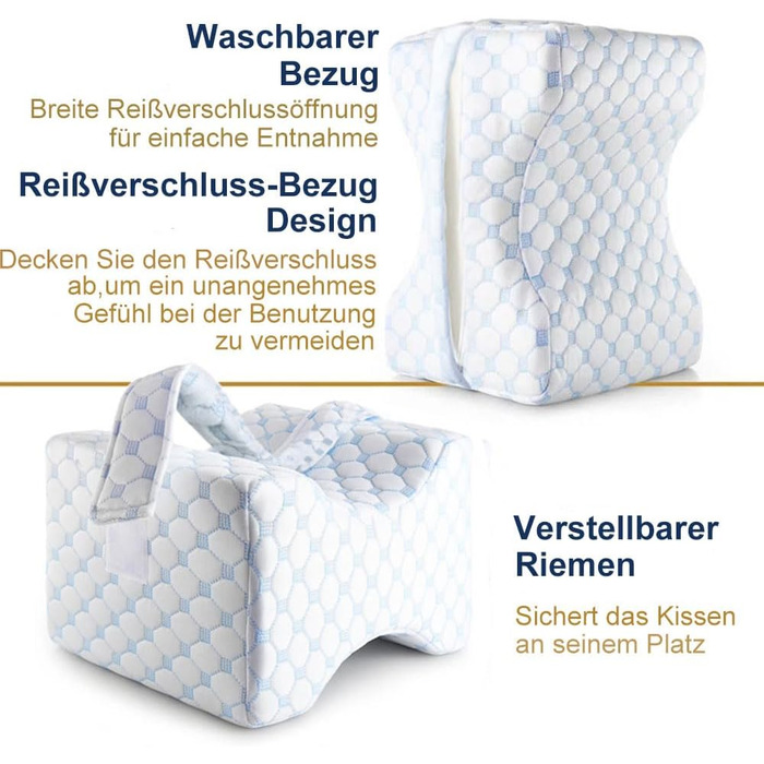 Подушка для колін для тих, хто спить на боці - розроблена лікарями ортопедична подушка для ніг з піни з ефектом пам&39яті для полегшення болю при ішіасі, болю в попереку, стегнах та суглобах. У комплекті відповідний ремінь для підтримки ніг. Синій.