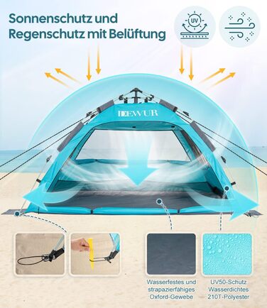 Пляжний намет для 2-4 осіб, розкладний пляжний намет, захист від сонця UPF 50, водонепроникний для сімей, для пляжу, кемпінгу, саду, синій