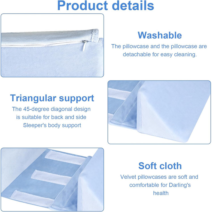 Позиціонуюча подушка, клиноподібна подушка 43x10x10 см, регульована, подушка з боковою підтримкою, знімна позиціонуюча подушка, ватний диск зі спинкою, подушка для сну на боці з антискочуванням, синя