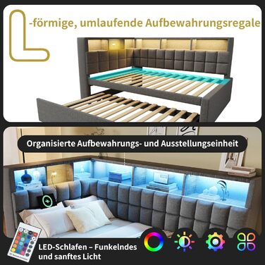 Кушетка 90x200 з висувним ліжком 90x190, диван-ліжко зі світлодіодним підсвічуванням, USB та Bluetooth, висувне ліжко-кушетка з рейковою основою, гостьове ліжко, без матраца, сірий, сірий F 90x200