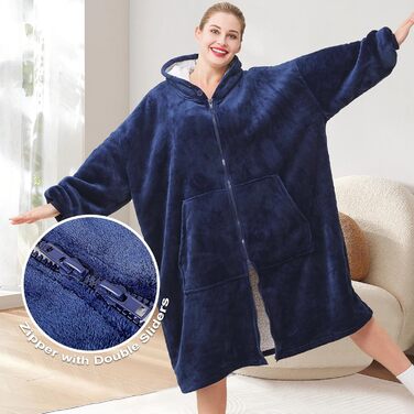 Ковдра з капюшоном на блискавці, жіноча, щільна, з рукавами, великий щільний светр, жіноча, чоловіча, портативна, з капюшоном, синя