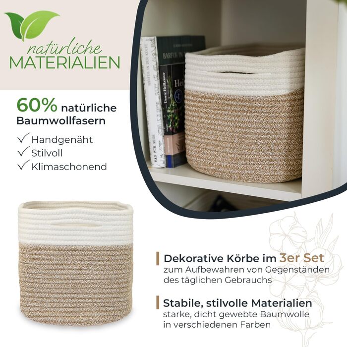 Кошик для зберігання HMF з прихованими ручками, набір з 3 шт. , бавовняний кошик 37,5 x 25 x 22,5 см біло-коричневий