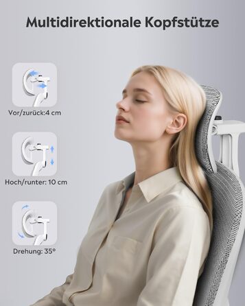 Ергономічне офісне крісло DEVAISE Робоче крісло із сегментованою спинкою, регульованим підголівником та поперековою опорою, 4D-підлокітниками, функцією гойдання, високою спинкою, для офісного використання, до 180 кг, сірий колір