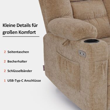 Крісло-реклайнер для телевізора M MCombo з електричним підйомником, 3 двигуни, окремо регульована спинка та підставка для ніг, крісло-реклайнер з функцією горизонтального положення до 170, регульований підголівник 7550 (шеніл, бежевий)