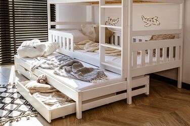 Дитяче колективне ліжко-горище 90x200 з висувним ліжком Двоярусне ліжко з висувною функцією, дві шухляди, решітчастий каркас, захи