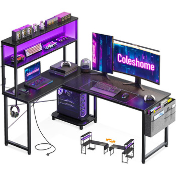 Г-подібний ігровий стіл Coleshome зі світлодіодним освітленням та розетками, 135 x 100 см, двосторонній ігровий стіл з полицями, кутовий стіл із сумкою для зберігання для домашнього офісу та ігор, чорний.