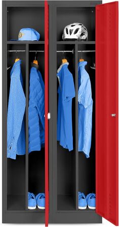 Шафа Jan Nowak, металева шафа, гардероб, шафа-шафа 2 відділення з вішалкою для одягу, роздільниками, вентиляційними отворами, 4 гачками для одягу на відділення 180 см x 80 см x 50 см Антрацит/Червоний Антрацит/Червоний 180 см x 80 см x 50 см