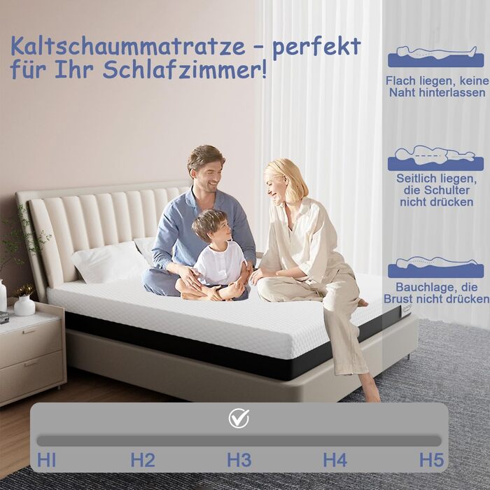 Матрац 180x200 см, холодний пінопласт, висота 20 см, рівень жорсткості H3, 7-зонне розвантаження тіла, зі знімним чохлом. Ідеально підходить для сімейних спалень (180x200x20 см) 180 x 200 см 20 см