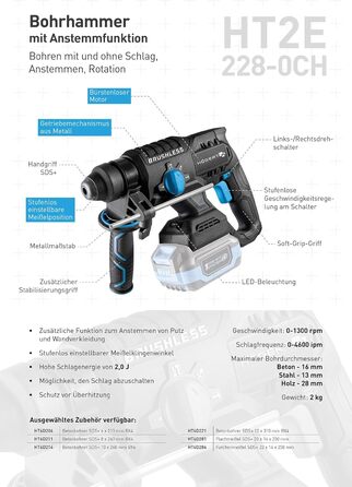 Акумуляторний перфоратор 18V безщітковий, енергія удару 2,0 Дж, патрон SDS, 4600 ударів/хв, функція довбання, LED-підсвічування, без акумулятора, ідеально підходить для бетону, дерева та металу PROMO Акумуляторний набір 2,0 Аг Безщітковий перфоратор, акум