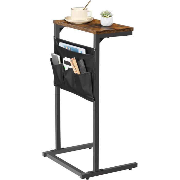 Журнальний столик HOOBRO C-подібної форми, столик до дивана, тумбочка, столик для перекусу, з 4 кишенями з тканини Оксфорд для невеликих приміщень, вітальні, спальні, ванної кімнати, вінтажний коричневий та чорний EBF43SF01