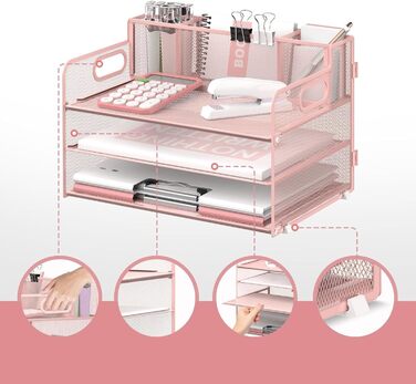 Рівневий органайзер для столу з ручкою та 3 тримачами для ручок, сітчастий органайзер для паперу/файлів на стіл, лоток для паперу та листів, рожевий Pink 1, 3-