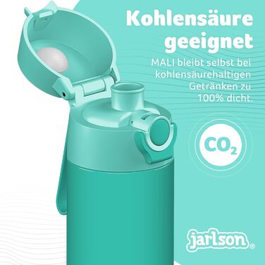 Дитяча пляшка для пиття Jarlson MALI з нержавіючої сталі ТЕРМОС - Герметична дитяча пляшка для пиття - Підходить для газованих напоїв - Термопляшка для школи та дитячого садка (500 мл, бірюзовий колір)