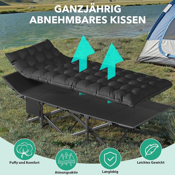 Розкладне похідне ліжко з матрацом, туристичне ліжко, легке, до 208 кг, гостьове ліжко, складне з сумкою для перенесення, сталеве туристичне ліжко для дорослих, для вулиці, приміщень, саду, подорожей, розкладне ліжко, чорне XL 190x735см