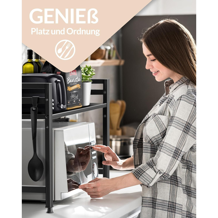 Полиця для мікрохвильової печі, кухонна полиця, стояча, сталь (2-рівнева) Полиця для мікрохвильової печі, шафа для мікрохвильової печі Полиця для зберігання, полиця для пекарні, регульовані по висоті та довжині полиці відеоінструкції, гачки - Чорний, 2-рі