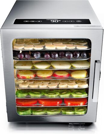 Дегідратор з нержавіючої сталі 8 разів - 500 Вт з регулятором температури - Дегідратор їжі М'ясо, фрукти, овочі - Таймер до 24 годин - 8 вставок - GS - Дегідратор - Без бісфенолу А Одинарний