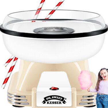 Набір машин для виробництва солодкої вати KESSER для вашого дому - З 30 паличками солодкої вати та мірною ложкою - Ретро машина для виробництва солодкої вати - Машина для виробництва солодкої вати з аксесуарами - Висота 22 см - 500 Вт Кремовий Білий Кремо