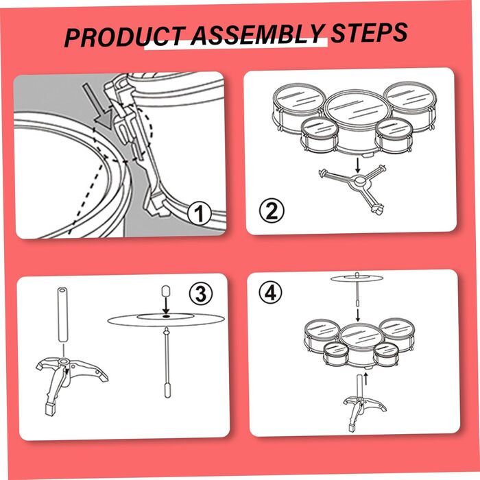 Дитяча барабанна установка, Міні дитяча барабанна установка з 5 барабанами та 1 тарілкою, Дитяча барабанна установка 3-5, Дитяча барабанна установка з трикутною основою, Музичний інструмент для раннього розвитку Барабанна іграшка (червона)