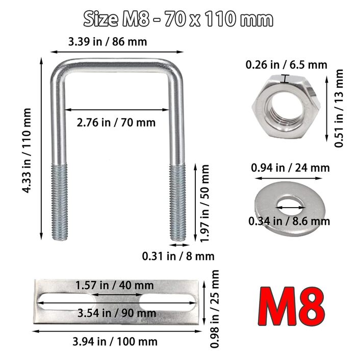 Болти U-болт M8 U кронштейн квадратний, M8 U болти з нержавіючої сталі з гайкою рамної пластини шайба, U залізний болт для кріплення труб буксирування автомобіля (70 x 110 мм)