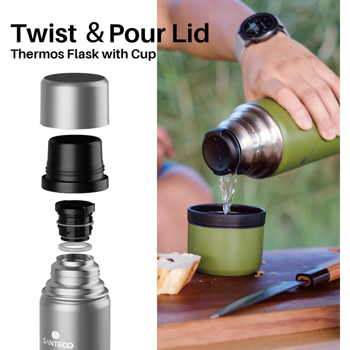 Термос SANTECO з нержавіючої сталі 1 л/1000 мл, герметична ізольована пляшка з чашкою для пиття в дорозі, термос для гарячих напоїв, кави та чаю, під час спорту, без BPA, зберігає напої холодними протягом 24 годин та гарячими протягом 12 годин, сріблястий