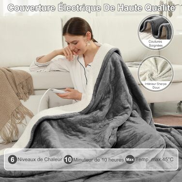 Електрична ковдра з автоматичним вимкненням, 130x180 см Фланель, 6 режимів нагріву та 10-годинний таймер вимкнення, захист від перегріву, можна прати в пральній машині, сіра, 130 x 180 см