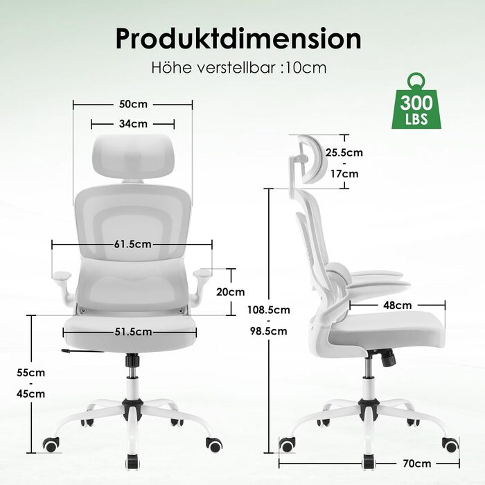 Ергономічне офісне крісло Farini з регульованим підголівником, крісло керівника з підлокітниками, ігрове крісло на колесах, світло-сіре з підголівником