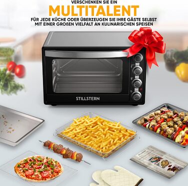 Міні-піч Stillstern з конвекцією (60 л) НОВИНКА CYCLONE PRO (антипригарне покриття), версія DE, вставка для фритюрниці, буклет з рецептами, вертел, міні-піч для піци на грилі потужністю 2200 Вт також для кемпінгу
