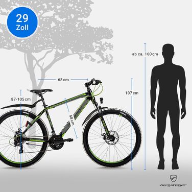 Гірський велосипед 29 дюймів, алюмінієва рама, дискові гальма, хардтейл MTB з ліхтарями та бризковиками, 21 швидкість, передня підвіска, підходить для велосипедистів зростом від 160 см, глянцево-зелений колір 29 дюймів, 26