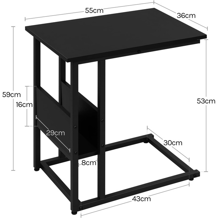 Приставний столик Журнальний столик Диванний столик Тумбочка Приліжковий столик Столик для ноутбука, металевий каркас, стільниця з ДСП, 55x36x59,5 см (ШxГxВ), чорний TS79sz