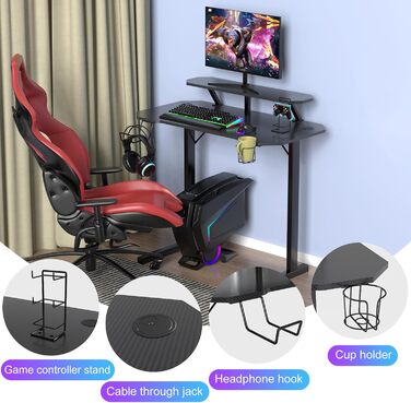 Ігровий стіл з підставкою для монітора, Т-подібний стіл, чорний, ергономічний комп&39ютерний стіл, покриття з вуглецевого волокна, ігровий ПК, тримач для напоїв, підставка для геймпада, тримач для навушників, 100x54x74 см