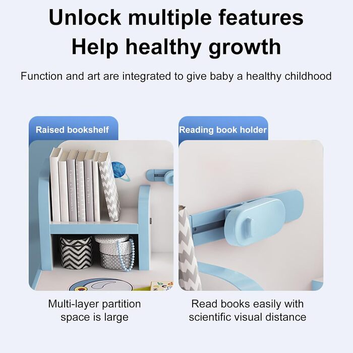 Комплект дитячого столу та стільця, дитячий стіл з регульованою висотою, комплект навчального столу та стільця з мультяшним візерунком, ергономічне письмове крісло з великою письмовою дошкою та книжковою полицею (синій) синій