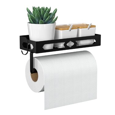 Підставка для спецій з тримачем для кухонних рулонів та гачками, настінна підставка для спецій (не потребує свердління), органайзер для спецій для кухні, чорний