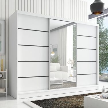 Шафа Aurelia 2 Шафа з розсувними дверима шириною 200 см з дзеркалом, 3-дверна, шафа з шухлядами, шафа з розсувними дверима для спальні або гардеробної, біла