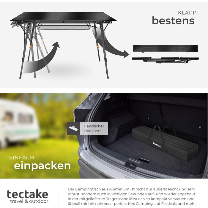 Стіл для кемпінгу tectake, розкладний стіл з алюмінію, стільниця XXL, що згортається, розкладний кемпінговий стіл, дорожній стіл, садовий стіл, водонепроникний, регульовані по висоті ніжки, сумка для перенесення, 120 x 70,5 см - чорний