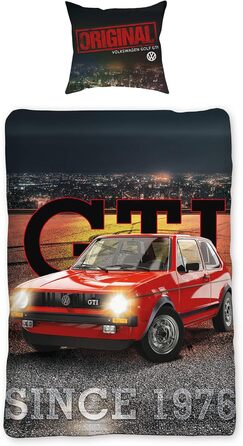 Комплект постільної білизни VW Volkswagen Golf GTI, червоний/сірий, 135 см x 200 см 80 см x 80 см, класичний автомобільний дизайн, 100 бавовна перкалевої якості, гоночний автомобіль Wrthsee, 2 дизайни, двосторонній комплект постільної білизни на блискавці